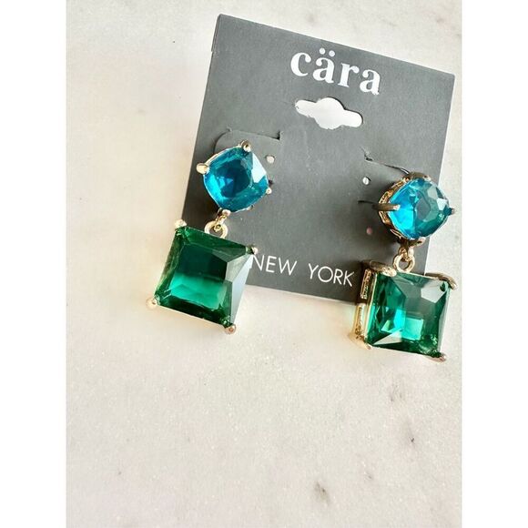 Bright blue and emerald green rhinestone dangle earrings - Picture 3 of 4